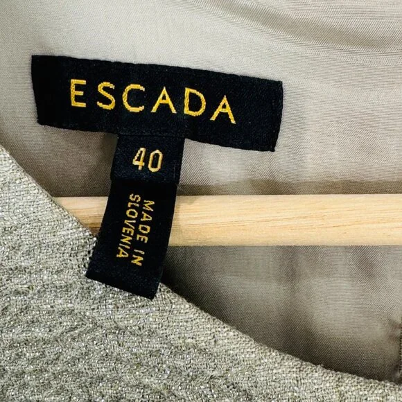 ESCADA Jacquard Metallic Sheath Dress Light Sand Shoulder Details SZ 40 /US 10 - Picture 4 of 14